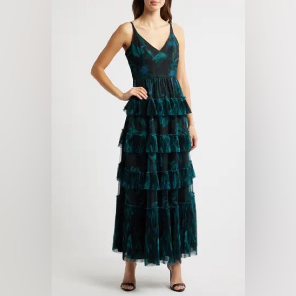 HUTCH Freya Tulle Plissé Ruffle‎ Gown - Dark Blue Floral